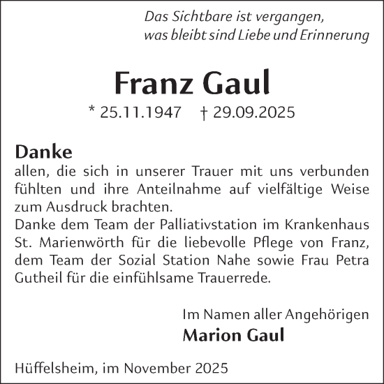 Traueranzeige von Franz Gaul von WochenSpiegel
