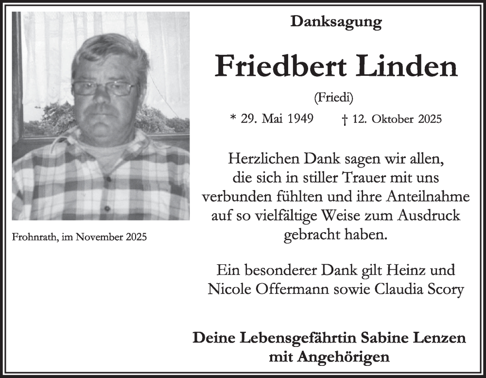  Traueranzeige für Friedbert Linden vom 19.11.2025 aus WochenSpiegel