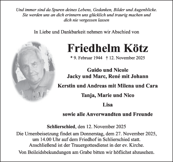 Traueranzeige von Friedhelm Kötz von WochenSpiegel