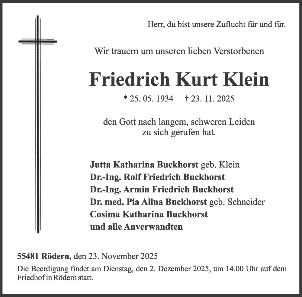  Traueranzeige für Friedrich Kurt Klein vom 29.11.2025 aus WochenSpiegel