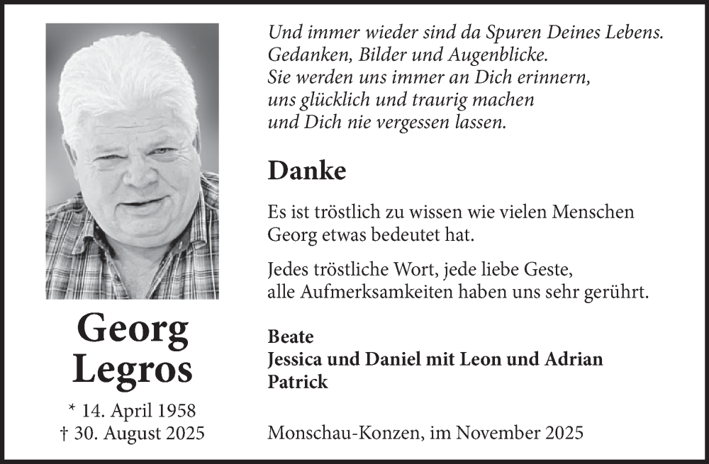  Traueranzeige für Georg Legros vom 12.11.2025 aus WochenSpiegel