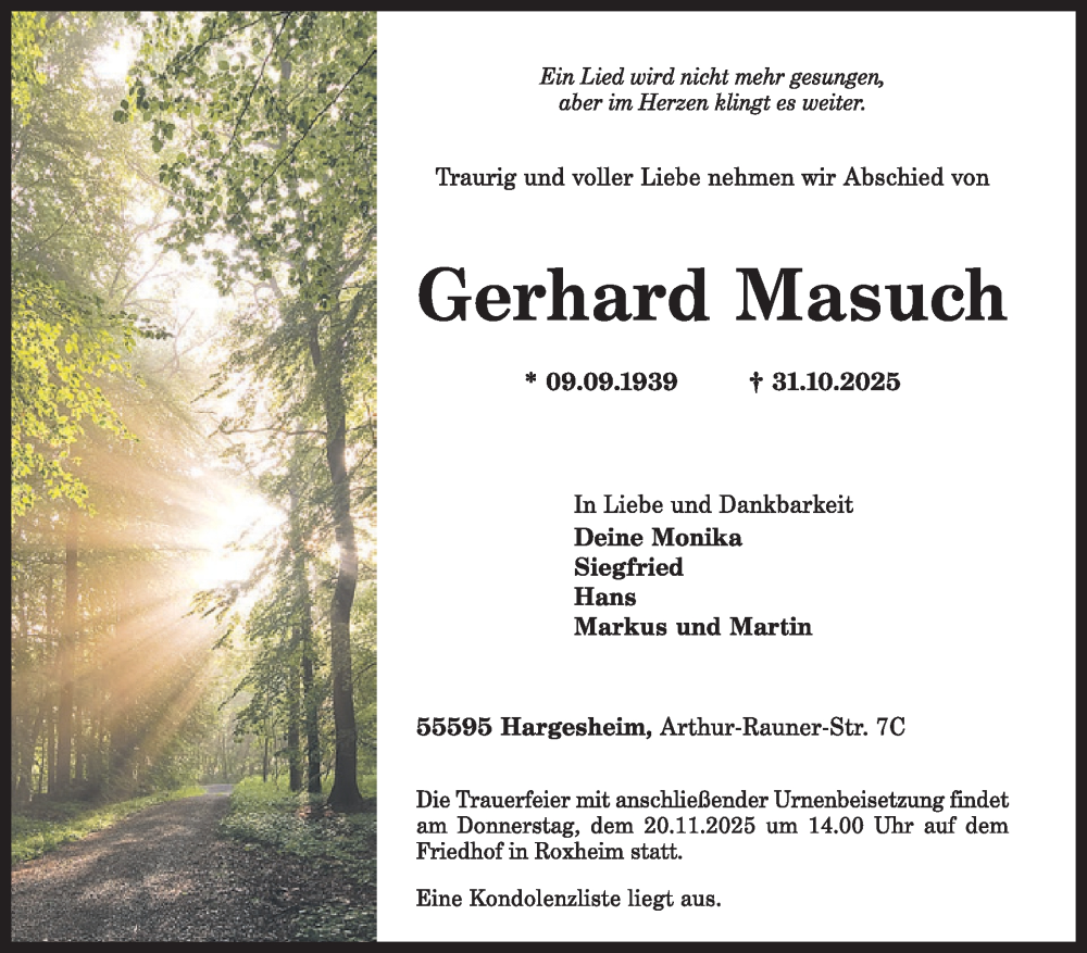  Traueranzeige für Gerhard Masuch vom 15.11.2025 aus WochenSpiegel
