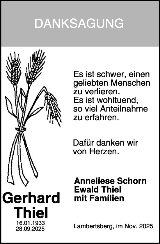 Traueranzeige von Gerhard Thiel von WochenSpiegel