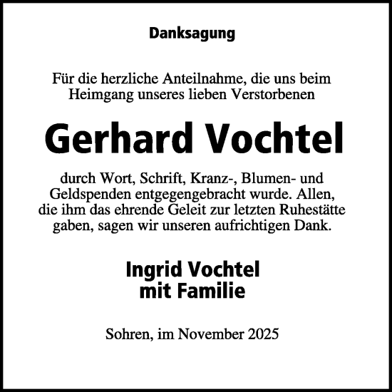 Traueranzeige von Gerhard Vochtel von WochenSpiegel