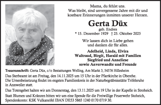 Traueranzeige von Gerta Düx von WochenSpiegel