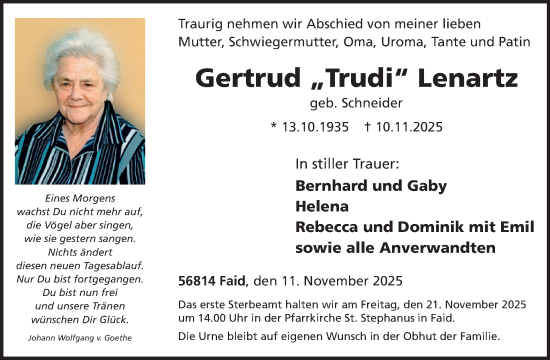 Traueranzeige von Gertrud Lenartz von WochenSpiegel