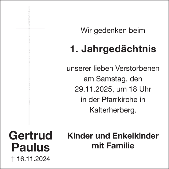Traueranzeige von Gertrud Paulus von WochenSpiegel
