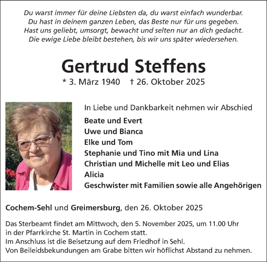 Traueranzeige von Gertrud Steffens von WochenSpiegel