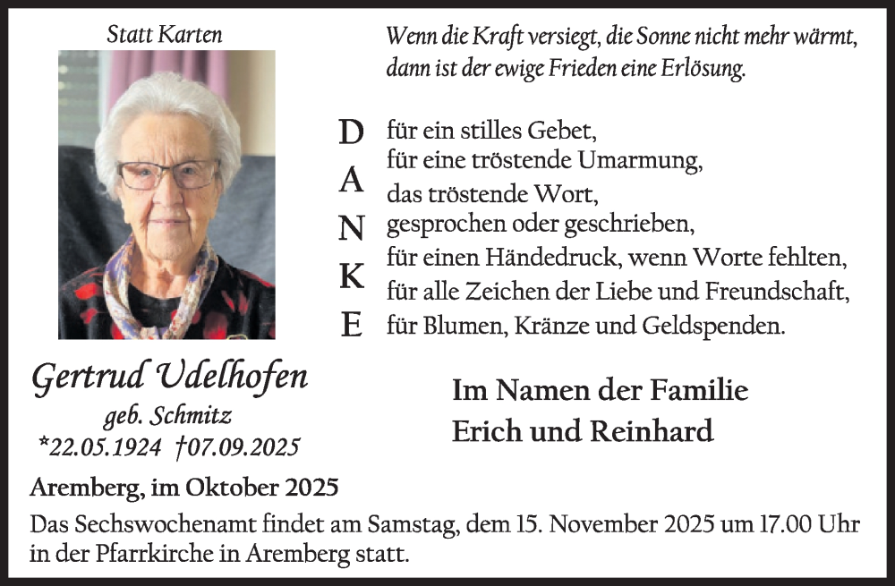  Traueranzeige für Gertrud Udelfhofen vom 05.11.2025 aus WochenSpiegel