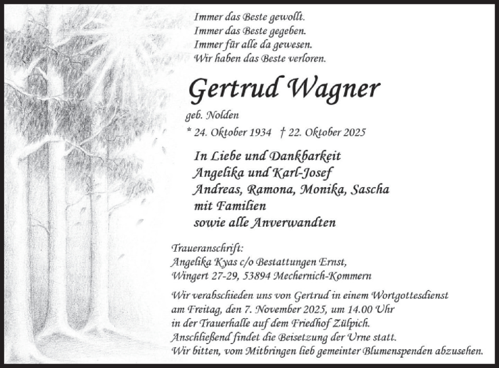  Traueranzeige für Gertrud Wagner vom 05.11.2025 aus WochenSpiegel