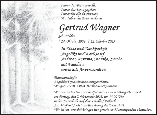 Traueranzeige von Gertrud Wagner von WochenSpiegel