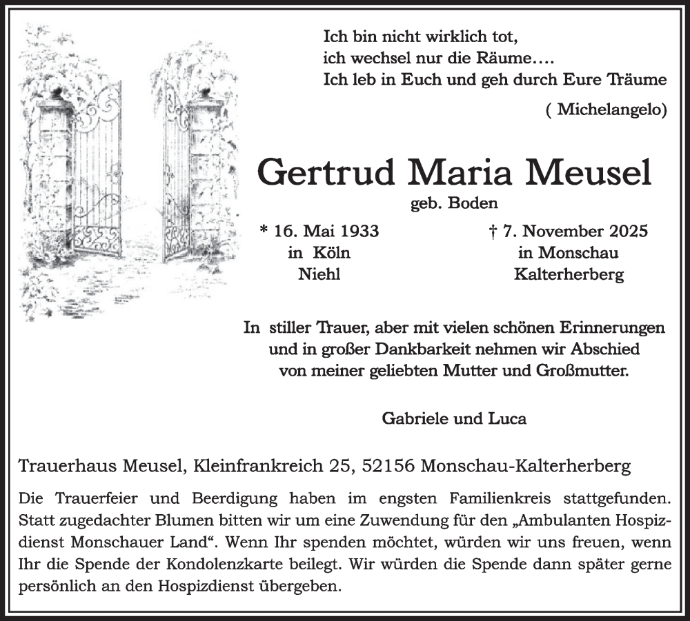 Traueranzeige für Gertrud Maria Meusel vom 26.11.2025 aus WochenSpiegel