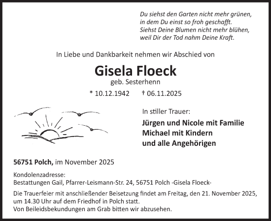 Traueranzeige von Gisela Floeck von WochenSpiegel