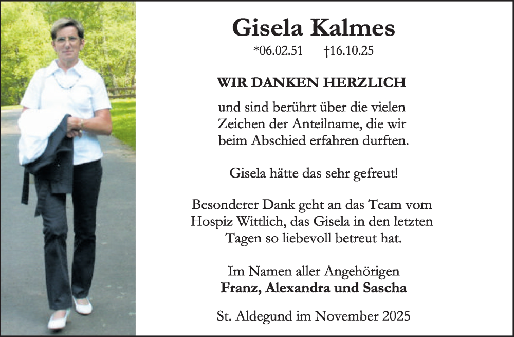  Traueranzeige für Gisela Kalmes vom 12.11.2025 aus WochenSpiegel