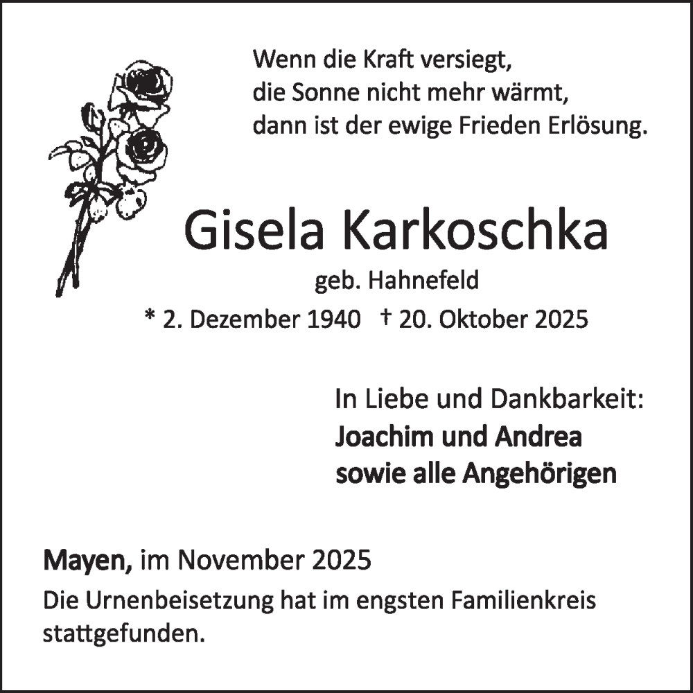  Traueranzeige für Gisela Karkoschka vom 05.11.2025 aus WochenSpiegel