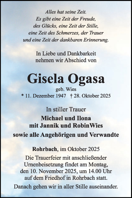 Traueranzeige von Gisela Ogasa von WochenSpiegel