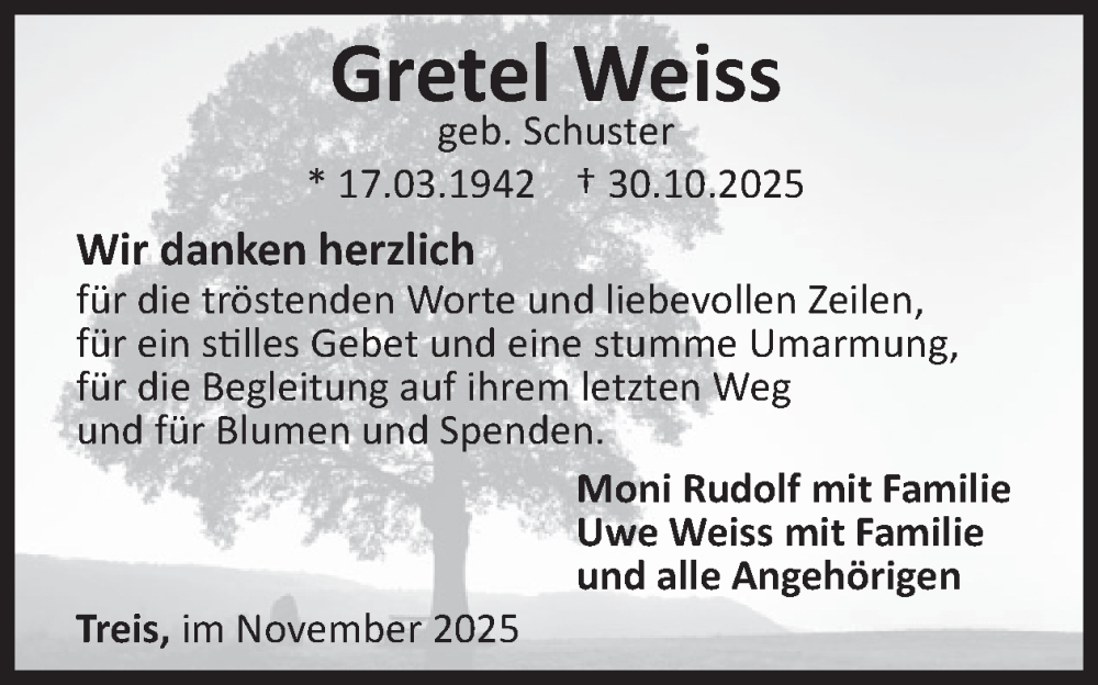  Traueranzeige für Gretel Weiss vom 26.11.2025 aus WochenSpiegel