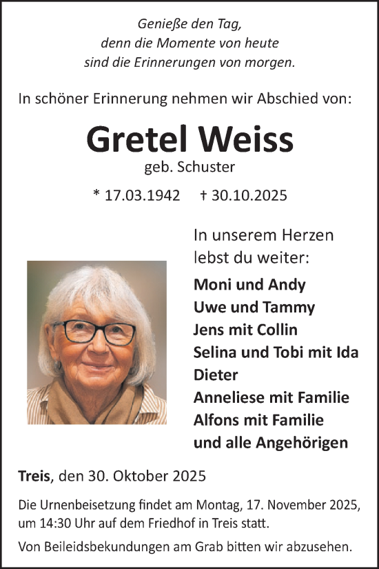 Traueranzeige von Gretel Weiss von WochenSpiegel