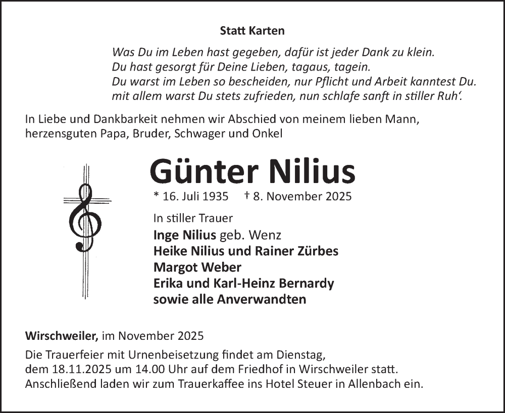  Traueranzeige für Günter Nilius vom 15.11.2025 aus WochenSpiegel