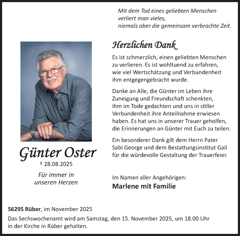  Traueranzeige für Günter Oster vom 12.11.2025 aus WochenSpiegel