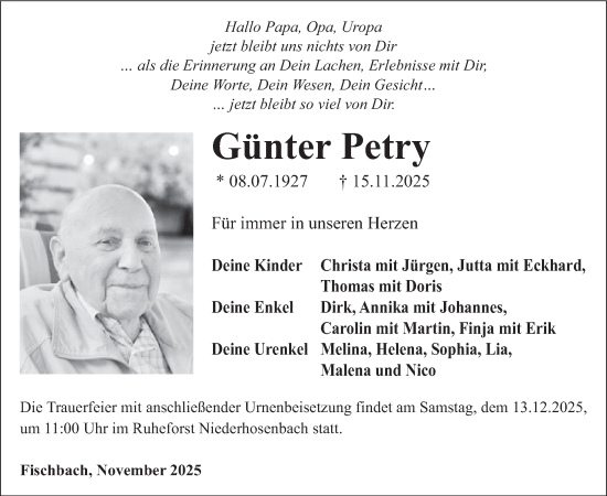 Traueranzeige von Günter Petry von WochenSpiegel