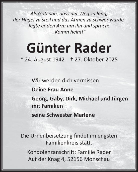 Traueranzeige von Günter Rader von WochenSpiegel