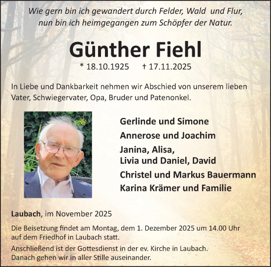 Traueranzeige von Günther Fiehl von WochenSpiegel
