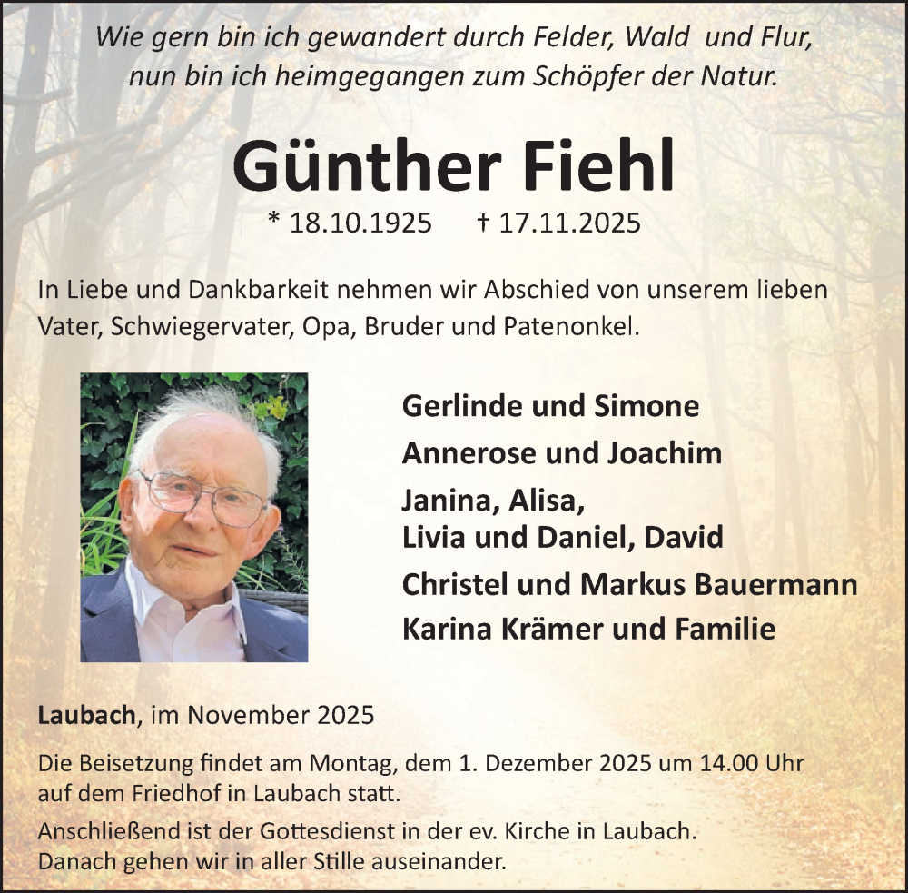  Traueranzeige für Günther Fiehl vom 29.11.2025 aus WochenSpiegel
