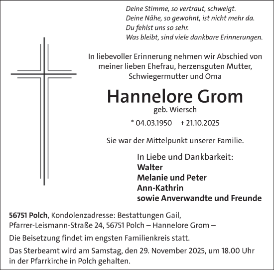 Traueranzeige von Hannelore Grom von WochenSpiegel