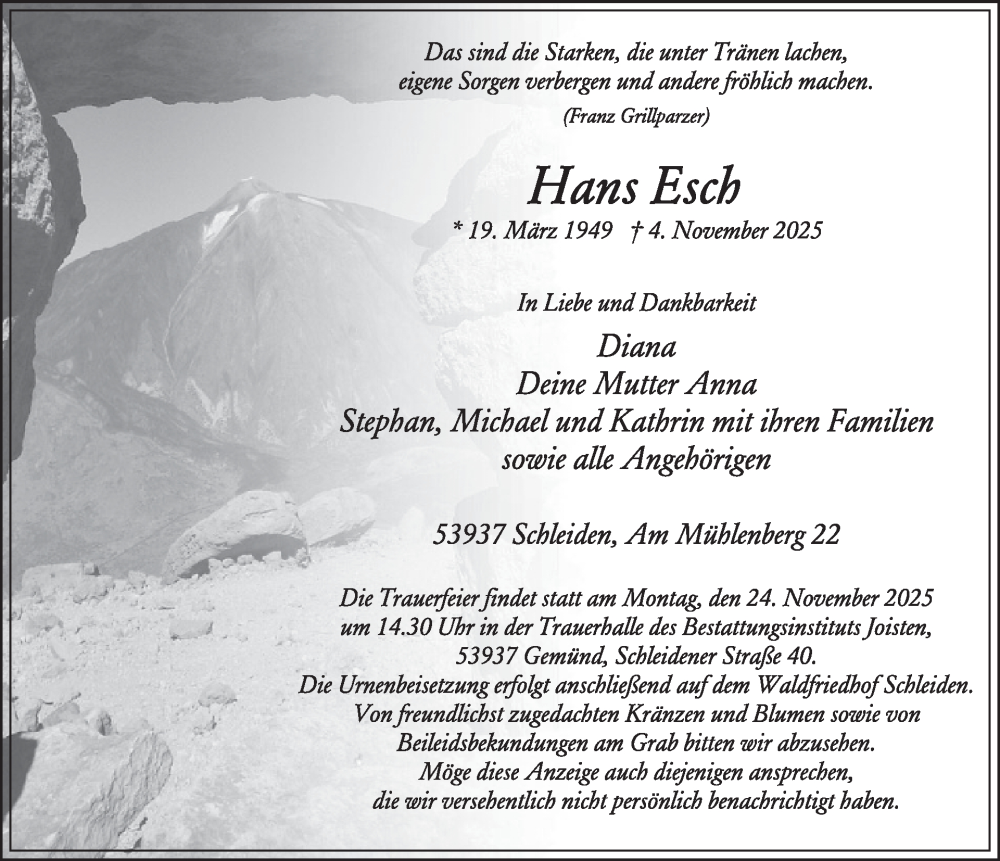  Traueranzeige für Hans Esch vom 19.11.2025 aus WochenSpiegel