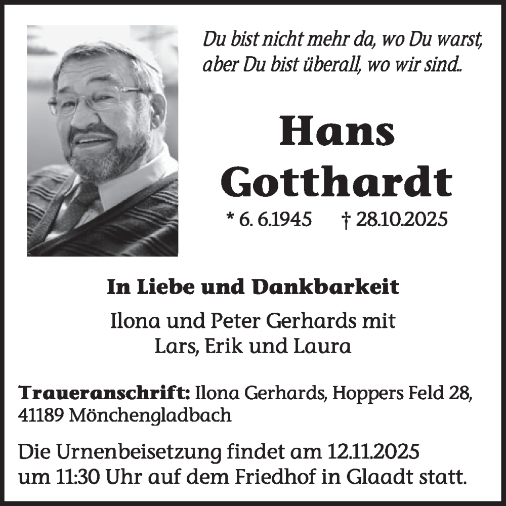  Traueranzeige für Hans Gotthardt vom 08.11.2025 aus WochenSpiegel