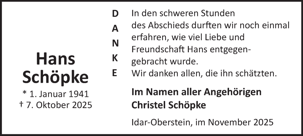  Traueranzeige für Hans Schöpke vom 22.11.2025 aus WochenSpiegel