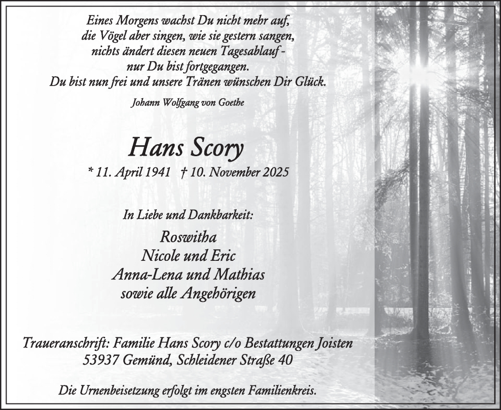  Traueranzeige für Hans Scory vom 19.11.2025 aus WochenSpiegel