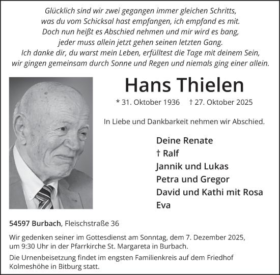 Traueranzeige von Hans Thielen von WochenSpiegel