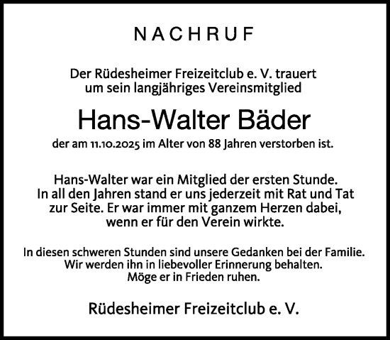 Traueranzeige von Hans-Walter Bäder von WochenSpiegel