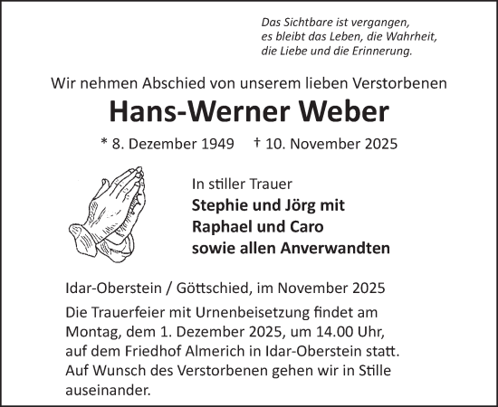 Traueranzeige von Hans-Werner Weber von WochenSpiegel