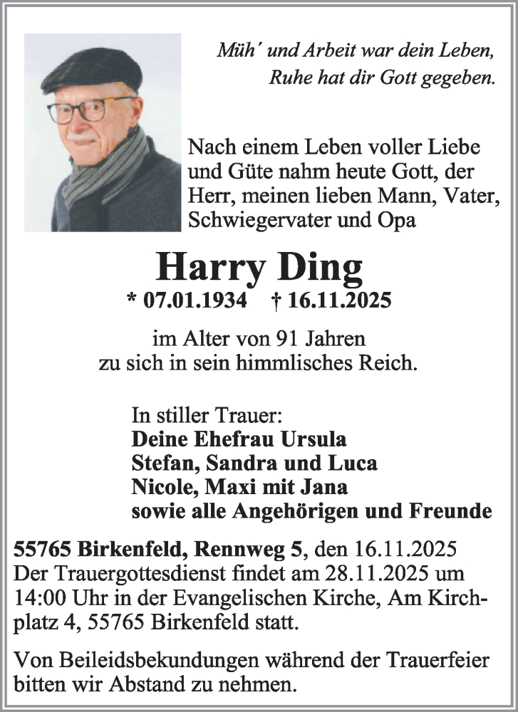  Traueranzeige für Harry Ding vom 22.11.2025 aus WochenSpiegel