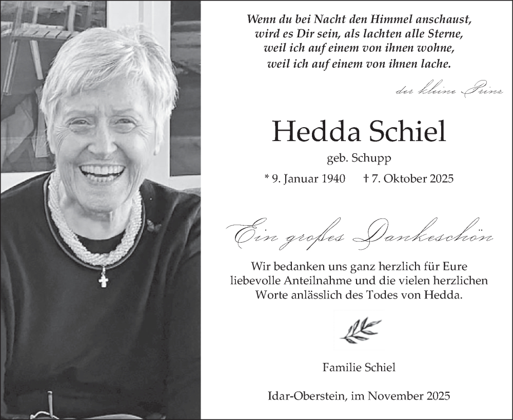  Traueranzeige für Hedda Schiel vom 29.11.2025 aus WochenSpiegel