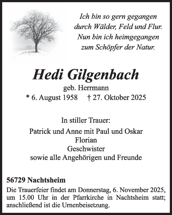 Traueranzeige von Hedi Gilgenbach von WochenSpiegel