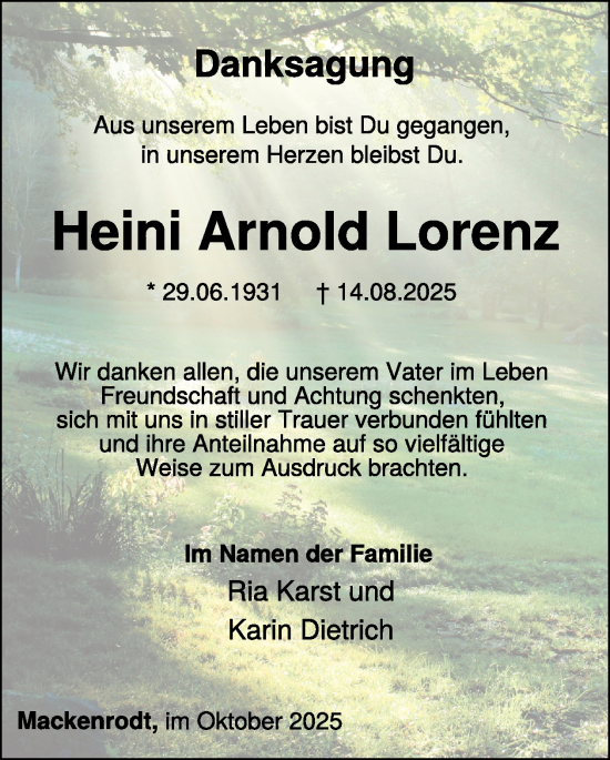 Traueranzeige von Heini Arnold Lorenz von WochenSpiegel