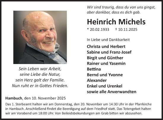 Traueranzeige von Heinrich Michels von WochenSpiegel