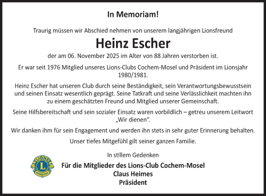 Traueranzeige von Heinz Escher von WochenSpiegel