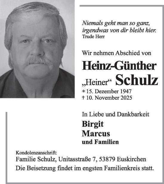 Traueranzeige von Heinz-Günther Schulz von WochenSpiegel
