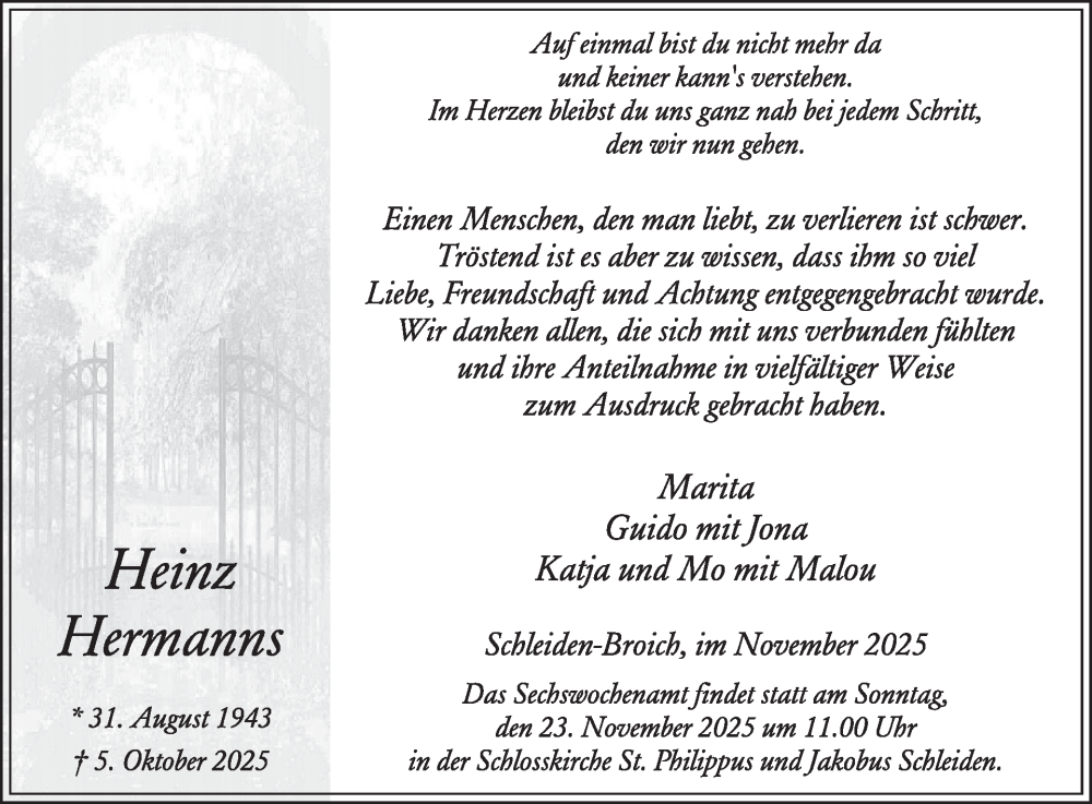  Traueranzeige für Heinz Hermanns vom 12.11.2025 aus WochenSpiegel