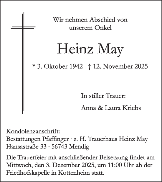Traueranzeige von Heinz May von WochenSpiegel
