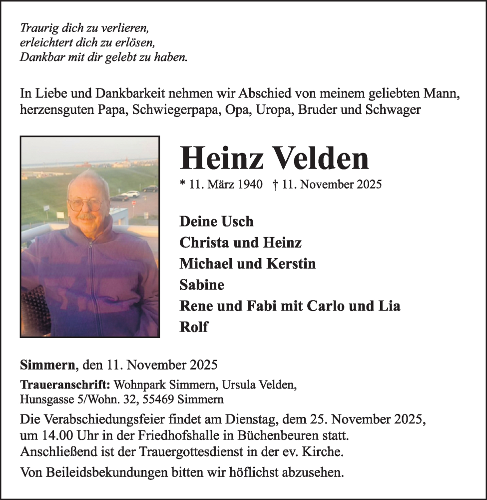  Traueranzeige für Heinz Velden vom 22.11.2025 aus WochenSpiegel