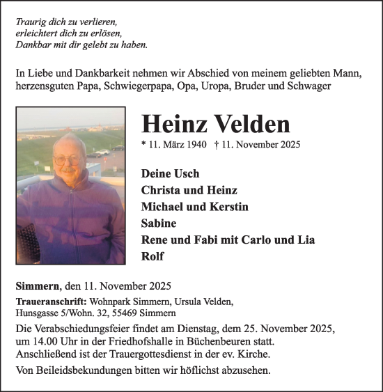 Traueranzeige von Heinz Velden von WochenSpiegel