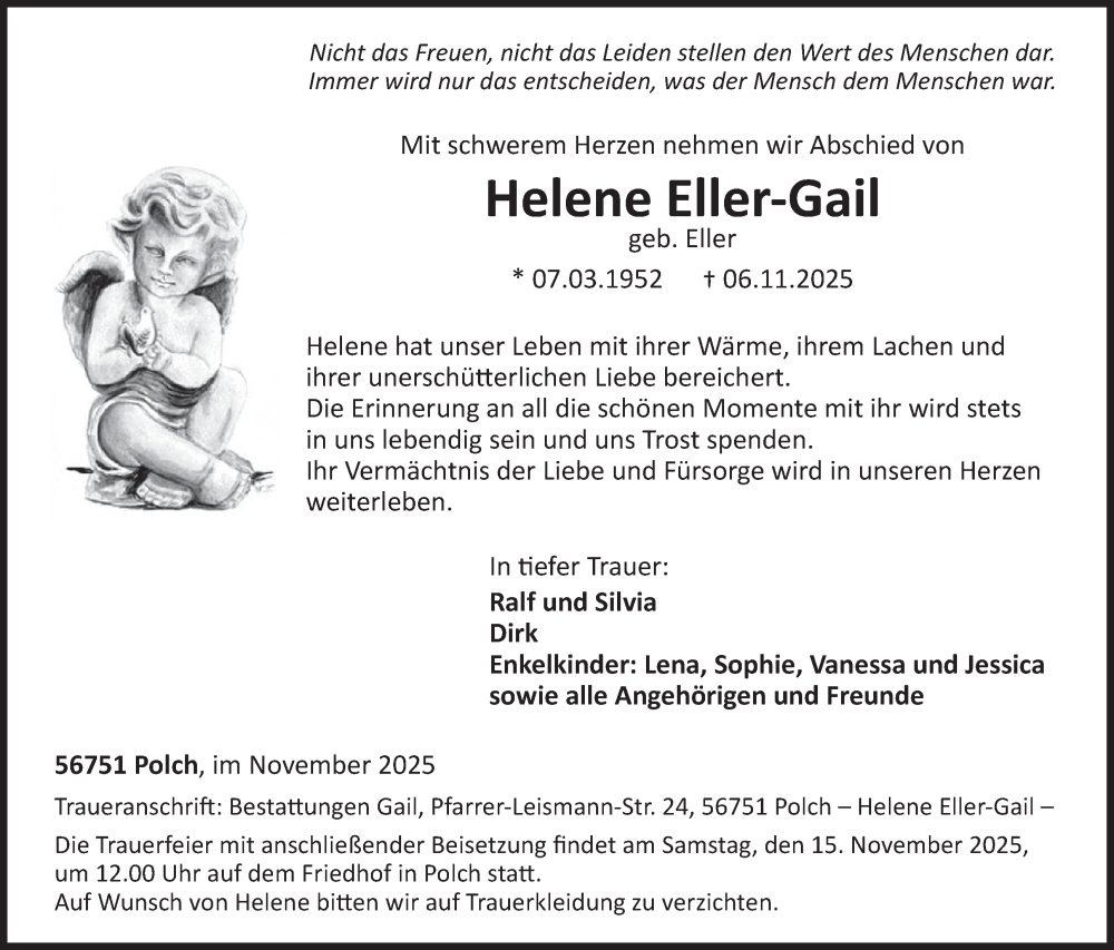  Traueranzeige für Helene Eller-Gail vom 12.11.2025 aus WochenSpiegel