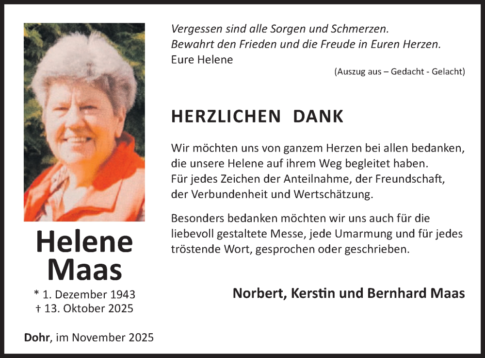  Traueranzeige für Helene Maas vom 26.11.2025 aus WochenSpiegel