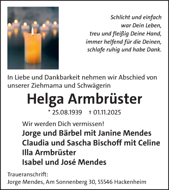 Traueranzeige von Helga Armbrüster von WochenSpiegel